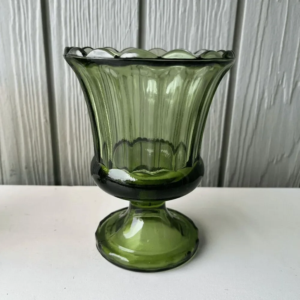 VTG Indiana Glass Avocado Green Pedestal Vases + Amber Mount Vernon Set